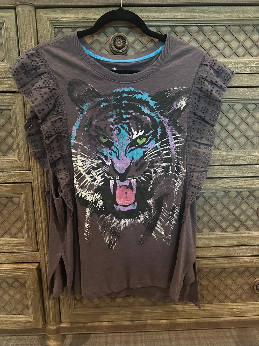 Anthropologie Pilcro Charcoal Tank with Multicolor Tiger Graphic